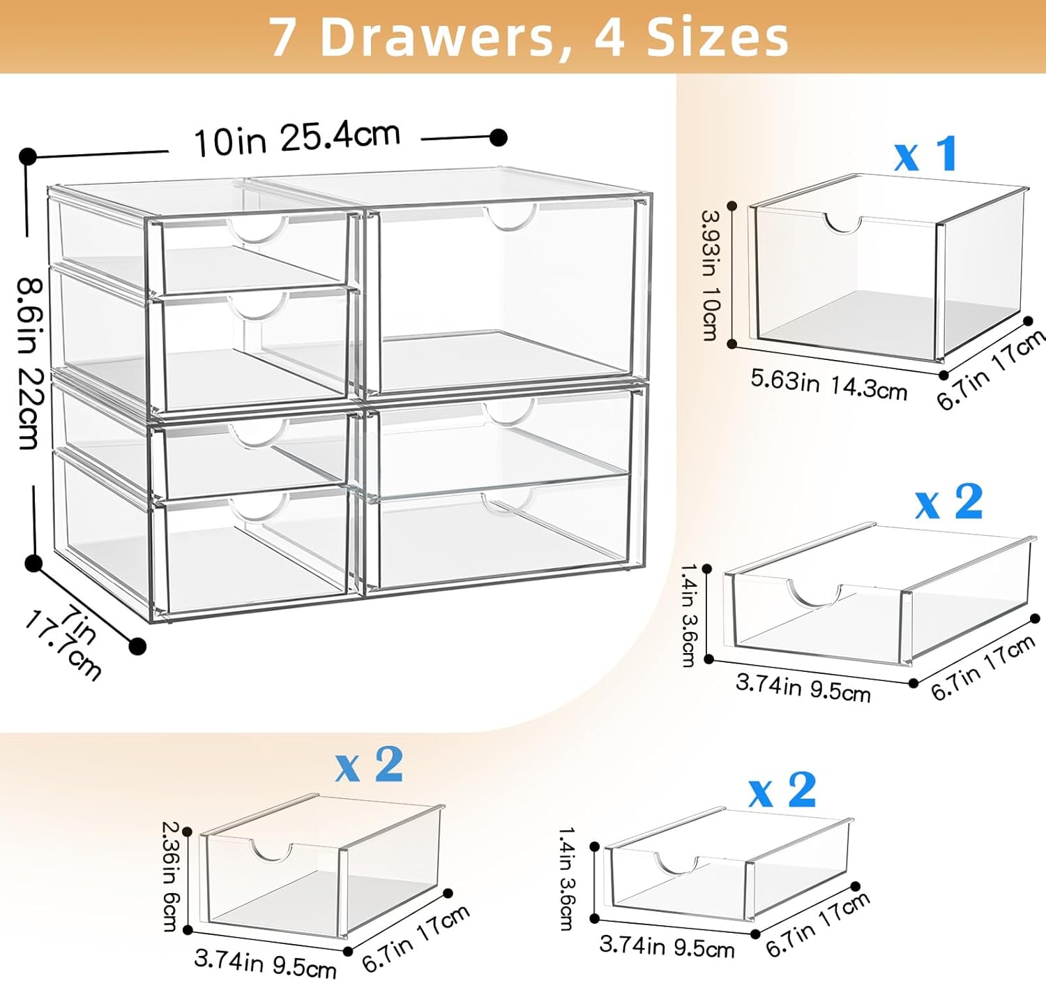 YFXCVSL Clear Stackable Storage Drawers, Acrylic Makeup Organizer with 7 Drawers, Bathroom Organizers and Storage, Plastic Bins for For Vanity, Undersink, Kitchen Cabinets, Pantry