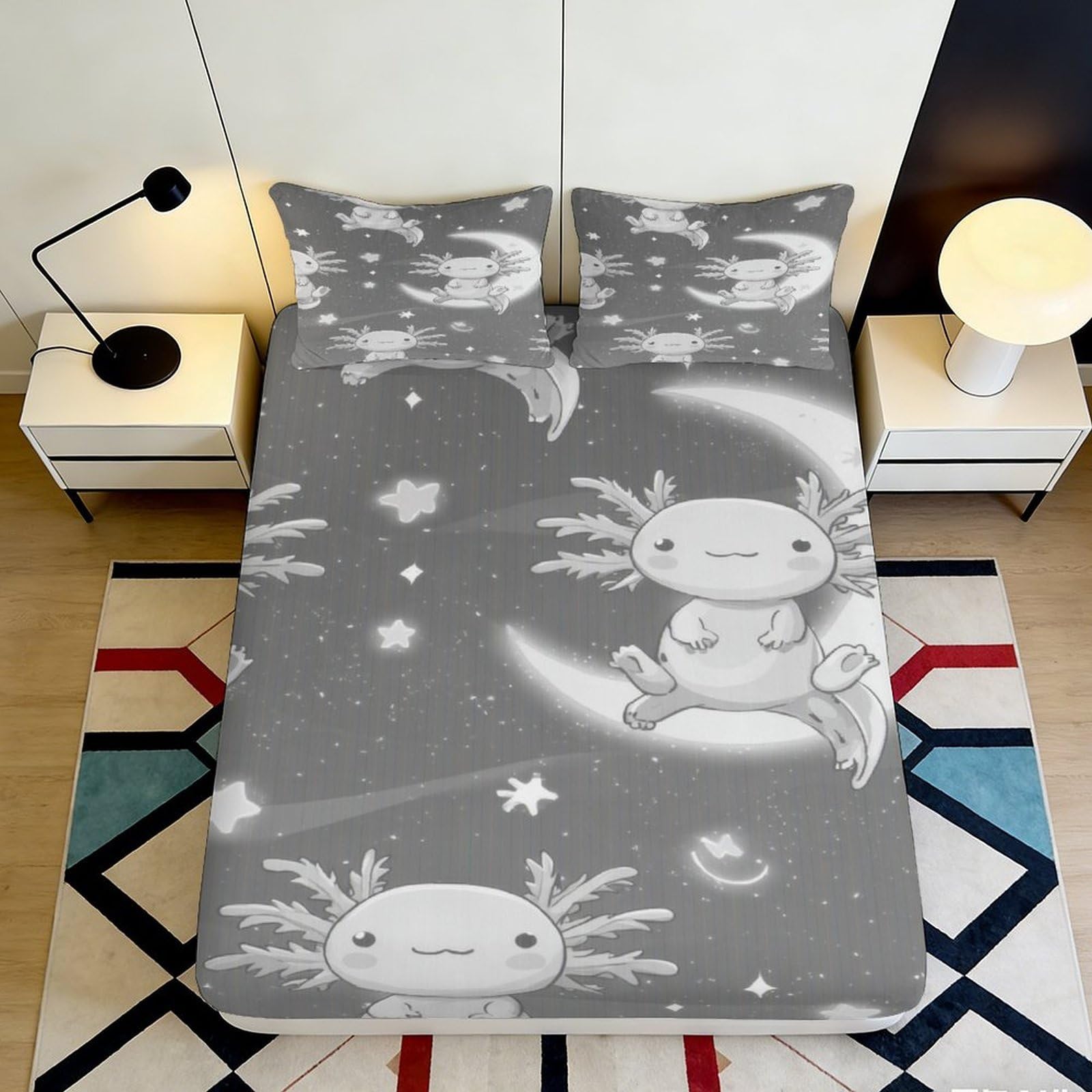 3D Printed Cartoon Axolotl Fitted Sheet Microfiber Deep Pocket Non-Slip Bedroom Bedding Cartoon Axolotl Mattress Fitted Cover Wrap Washable for Home 90x200x25cm