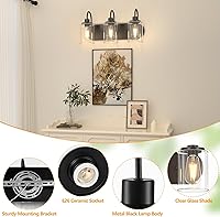 Vista 3 de 3 luces para tocador de baño, lámpara de pared de granja en negro con pantalla de vidrio transparente, lámpara de pared moderna para espejo