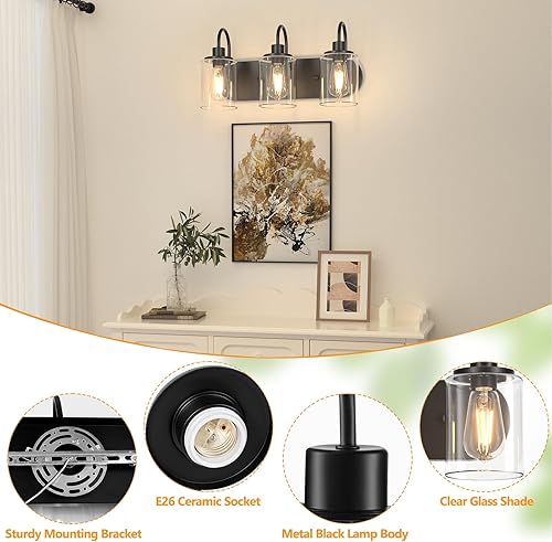 Miniatura 3 de 3 luces para tocador de baño, lámpara de pared de granja en negro con pantalla de vidrio transparente, lámpara de pared moderna para espejo,