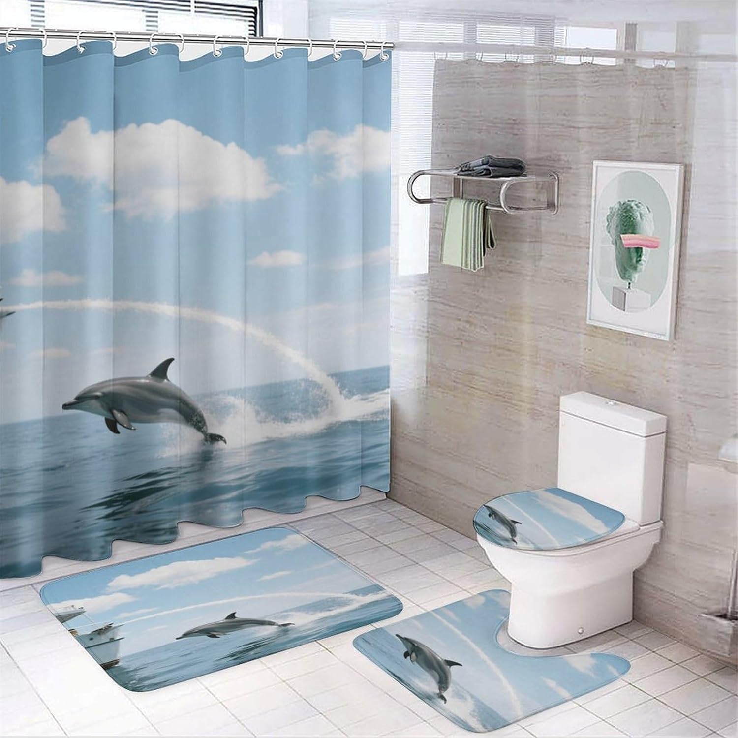 Dolphin Stern Bath Rug Set 4 Piece,Bathroom Accessories Set-Toilet Rugs U Shaped,Toilet Lid Cover,Shower Curtain and Rugs,Ultra Soft, Absorbent,Home Decor