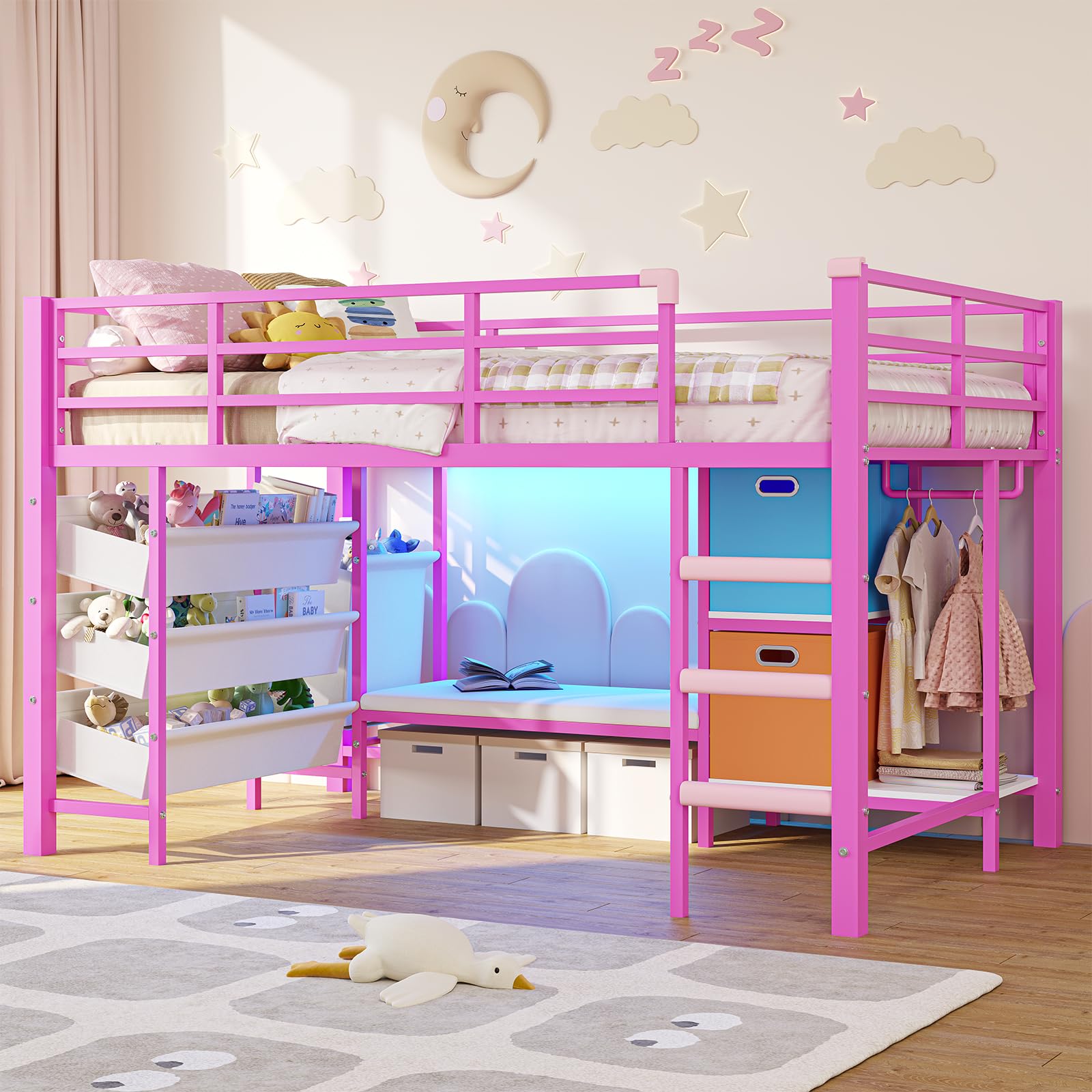 DICTAC Low Twin Size Loft Bed with Reading Corner and Bookshelf,Metal Twin Loft Bed with LED Lights,3 Sling Drawers&2 Movable Storage Bins,loft bed