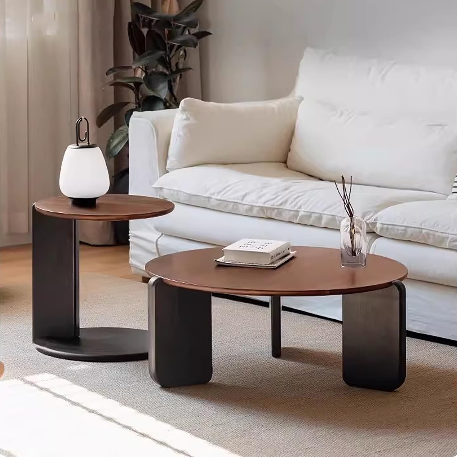 SXZenSpace Modern Round Coffee Table, Wood Top Center Table Minimalist Mid Century Side End with Black Sturdy Legs for Bedroom Balcony Living Room,A,80cm(31'')+50cm(20'')