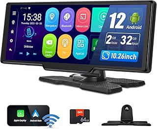 2+32G Android 12 Portable Car Stereo Wireless Apple Carplay Android Auto,10.26" HD Touchscreen Dash Cam Bluetooth Car Radio with Voice Control WiFi GPS Navigation FM Transmitter AUX TF Card 7V-32V