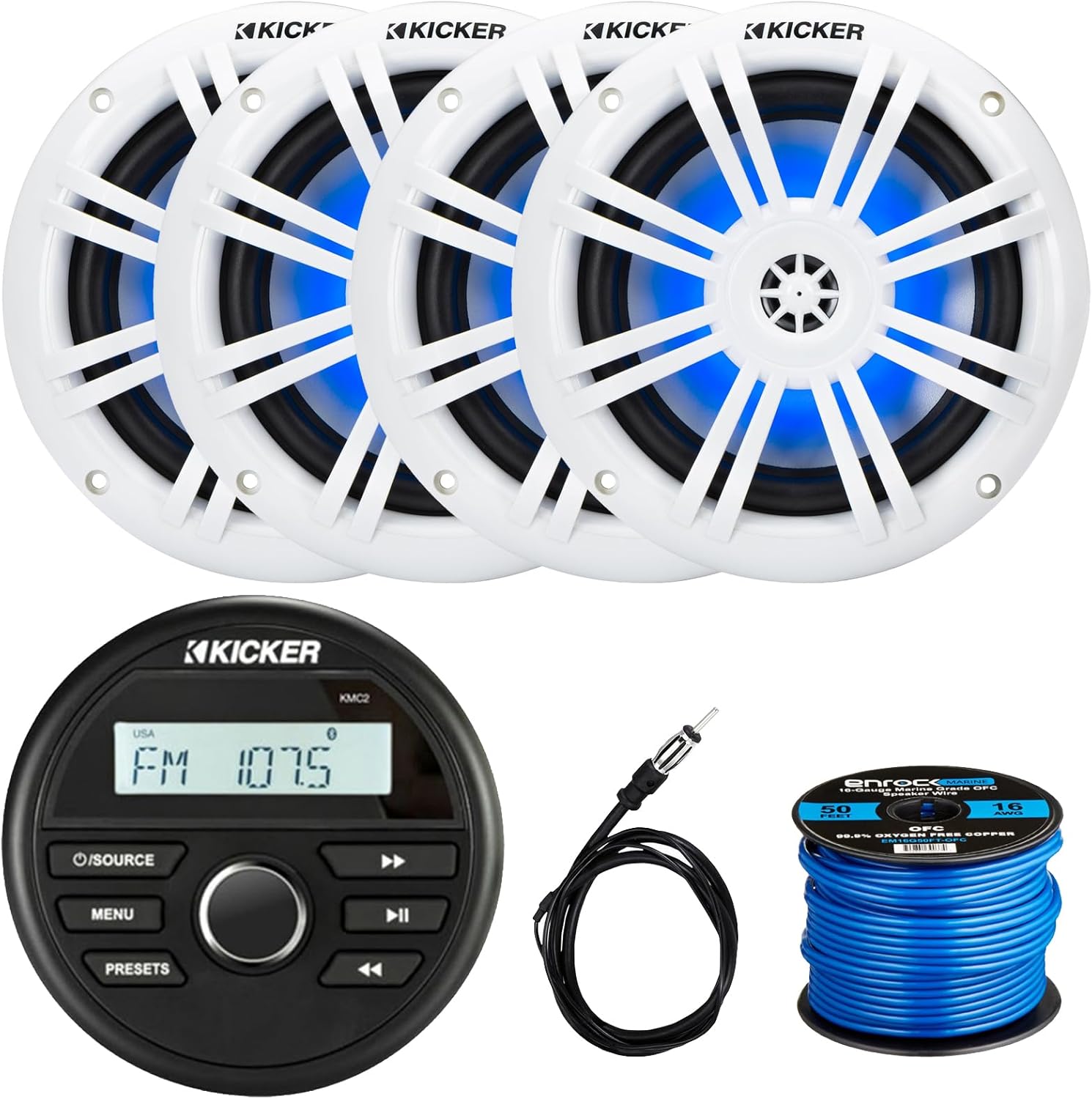 KICKER 46KMC2 All-Weather Marine Bluetooth Gauge Style AM/FM USB/AUX Media Center Receiver, 2X 6.5 150W Max Power RGB LED Boat Coaxial Speakers, 22" Radio Antenna, 50 Feet 16 Gauge Speaker Wire