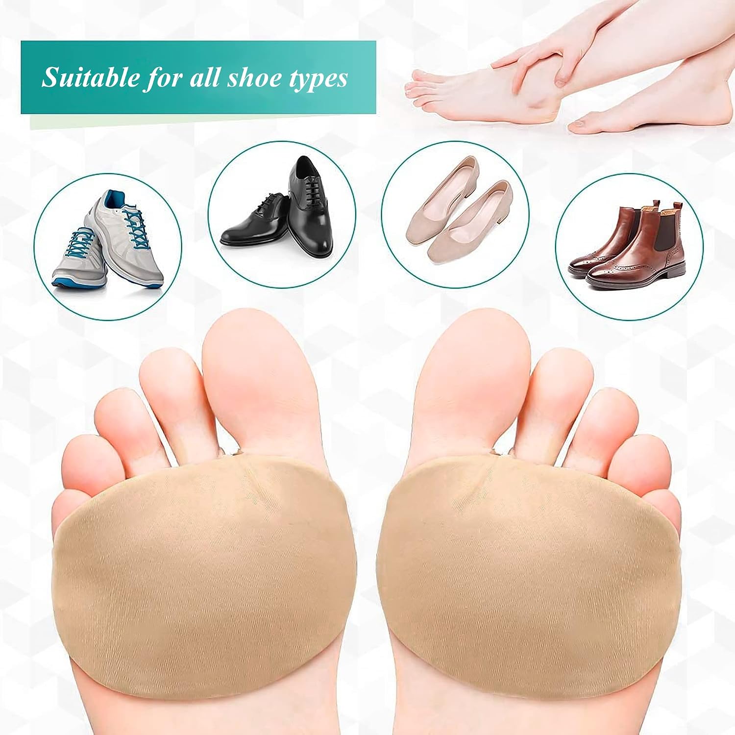 SooGree Metatarsal Pads for Women Ball of Foot Cushions for Shoes 4 Pairs Fabric Metatarsal Pads Pain Relief Forefoot Pads Foot Health Care Prevent Foot Wear (M-2 Pairs Black + 2 Pairs Beige)