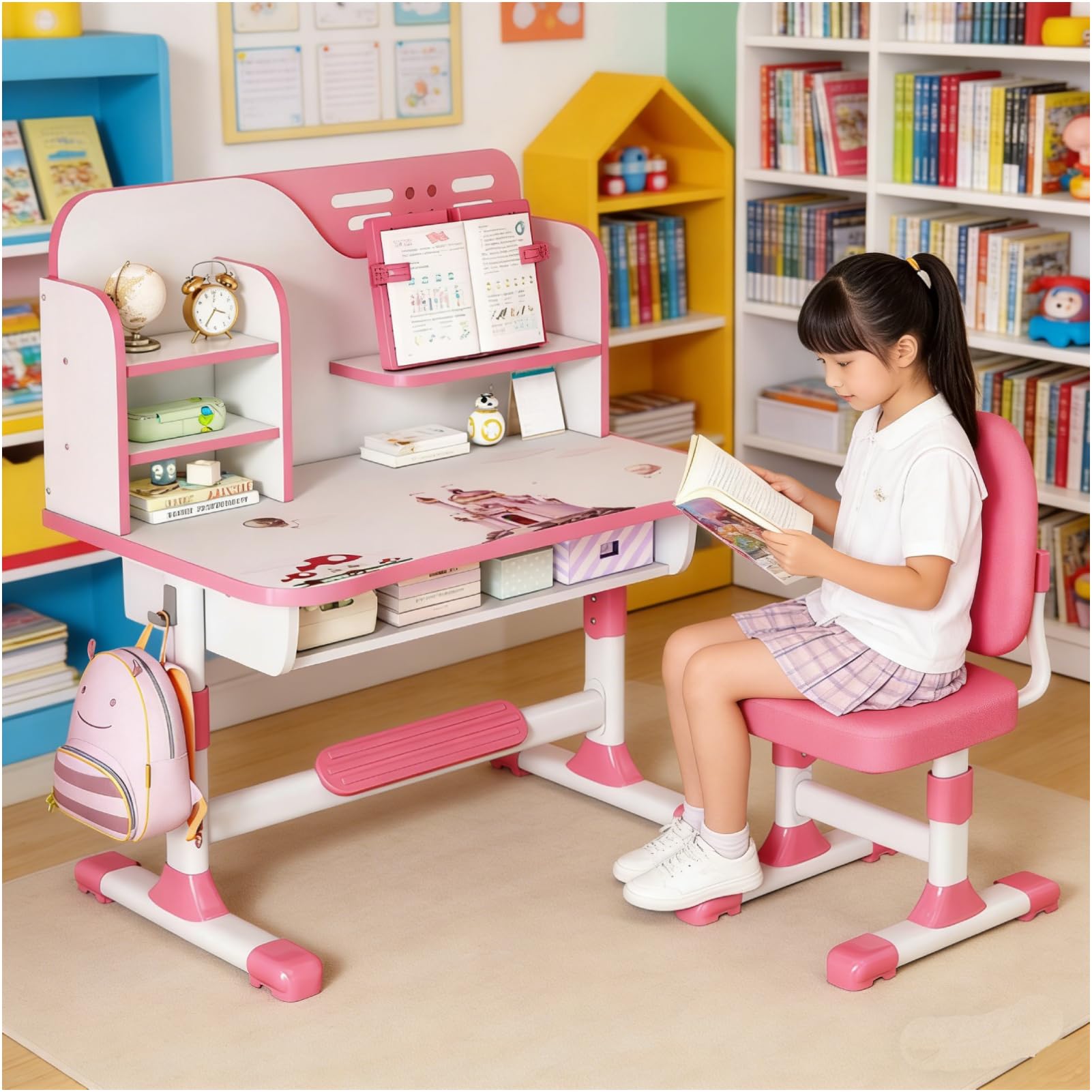 Set di scrivania e sedia per bambini dai 3 ai 12 anni, regolabile in altezza, con cassetti, libreria, scrivania allargata, sedie ergonomiche da scrivania per ragazzi e ragazze (rosa1)