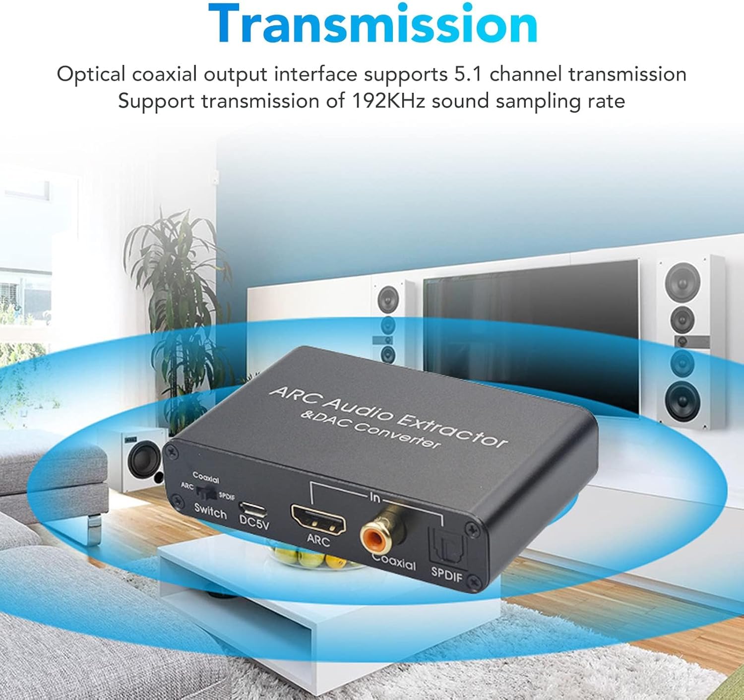 ARC Audio Extractor, 192KHz Digital to Analog Audio Converter, HDMI Compatible SPDIF 5.1 Optical and 3.5mm Stereo Audio Splitter Adapter, for Home Theater Game Music