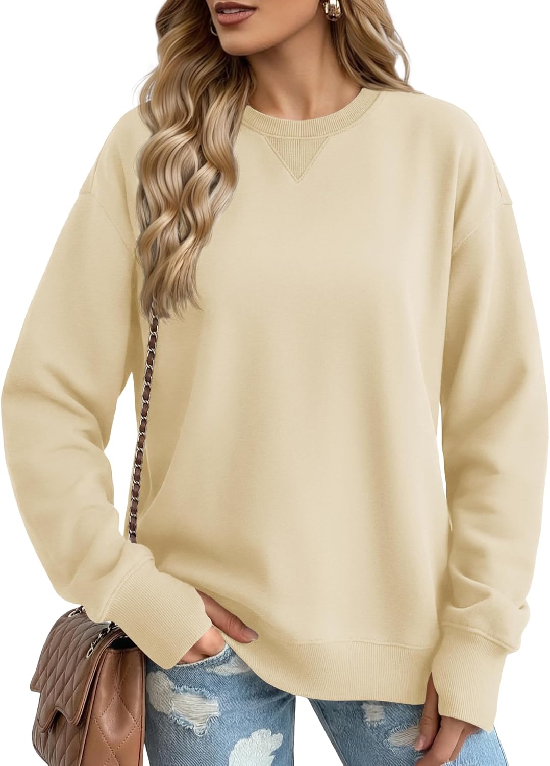 MAGCOMSEN Women's Fleece Lined Sweatshirts Pullover Crewneck Sweater Loose Fit Casual Winter Warm Tops with Thumb Holes
