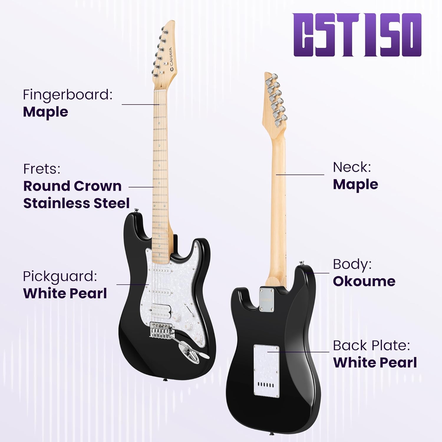 CAHAYA Electric Guitar Set Beginner - 39in Starter Guitar Kit with HSS Pickup Solid Okoume Body Electric Guitar Adults with Amplifier Gig Bag Strap Picks Strings Cable Black