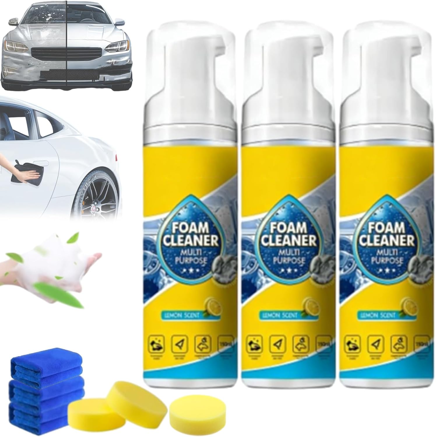 Powerful & Multipurpose Car Interior Foam Cleaner, Quick Spray & Wipe All Purpose Waterless Detailer, Cleaning Without Pre-Washing, Cleaner for Seats, Dashboard, Carpet (3 pcs)