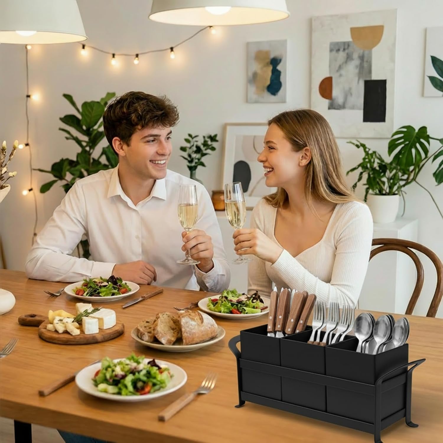 Utensil Holder Mesh Drainage Holes, 3pcs Bins Set Countertop Utensil Holder for Spoons, Forks and Knives, Cutlery Organizer Suitable for Party, Kitchen Counter, Black