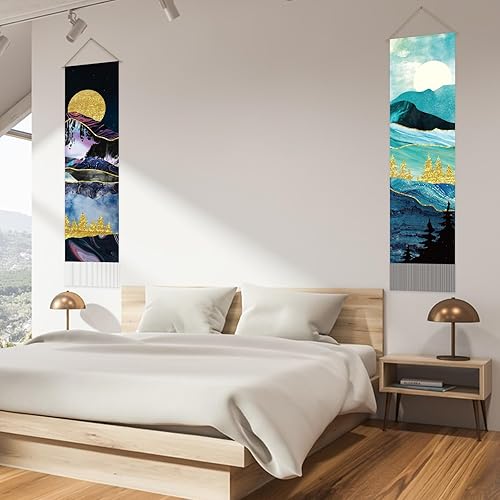 Miniatura 5 de AHANDMAKER 2 tapices de montaña, sol, luna, montaña, río, tapiz largo vertical para colgar en la pared, tapiz de bosque y lago, tapiz de paisaje