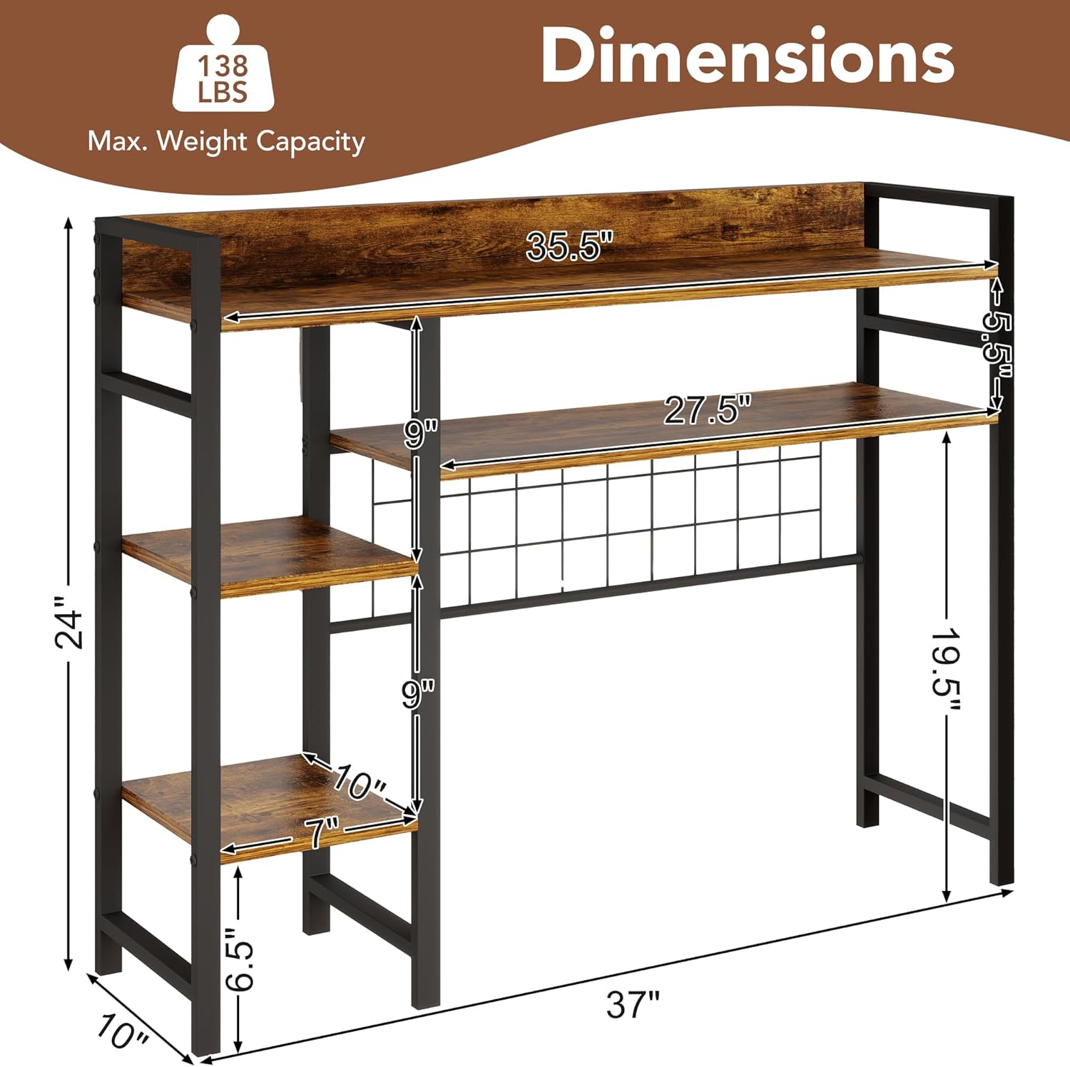 WAYTRIM Desk Shelf, Wood Desk Organizer Shelf 4 Tier Countertop Desktop Bookshelf Cubicle Storage Rack Top of Desk, Desk Hutch Dorm for Top of Desk Pegboard Hooks Set Desktop Display Rack (Brown)