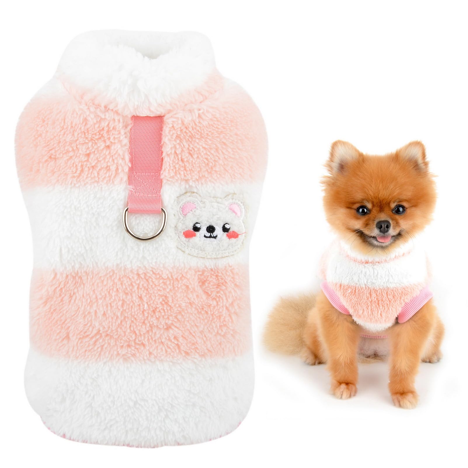SMALLEE_LUCKY_STORE Striped Dog Fleece Jumper Puppy Pullover Sweatshirt Soft Warm Pet Cold Weather Coat for Small Dogs Cats with Leash Ring Yorkie Chihuahua Fall Winter Clothes,Pink,S