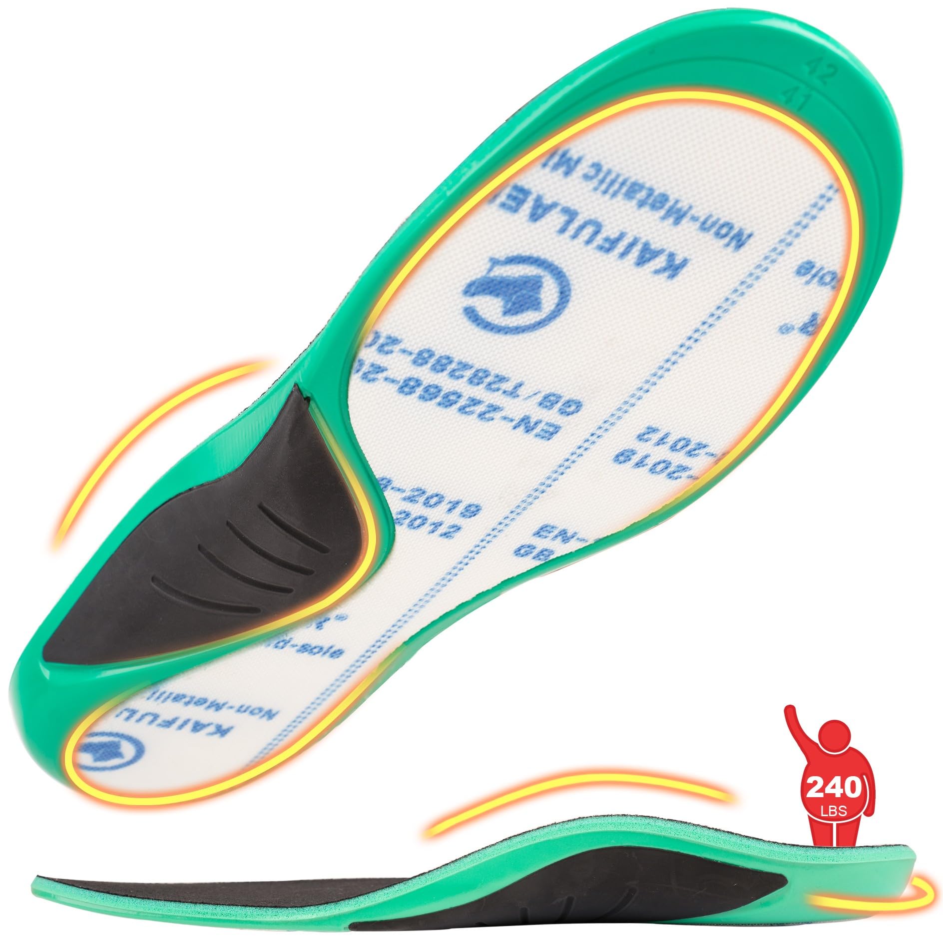 FocusOnInsole Puncture Resistant Heavy Duty 220+ lbs Orthotics, Protective Kevlar Inserts - Nail Proof, Plantar Fasciitis Arch Support Insoles for Men