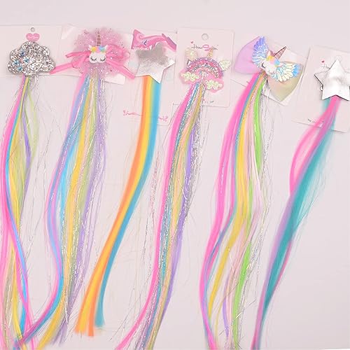 Miniatura 8 de Little World Pinzas para el cabello para niñas, 6 extensiones de cabello arcoíris, pinzas de pelo de unicornio para niñas y niños pequeños, colas de