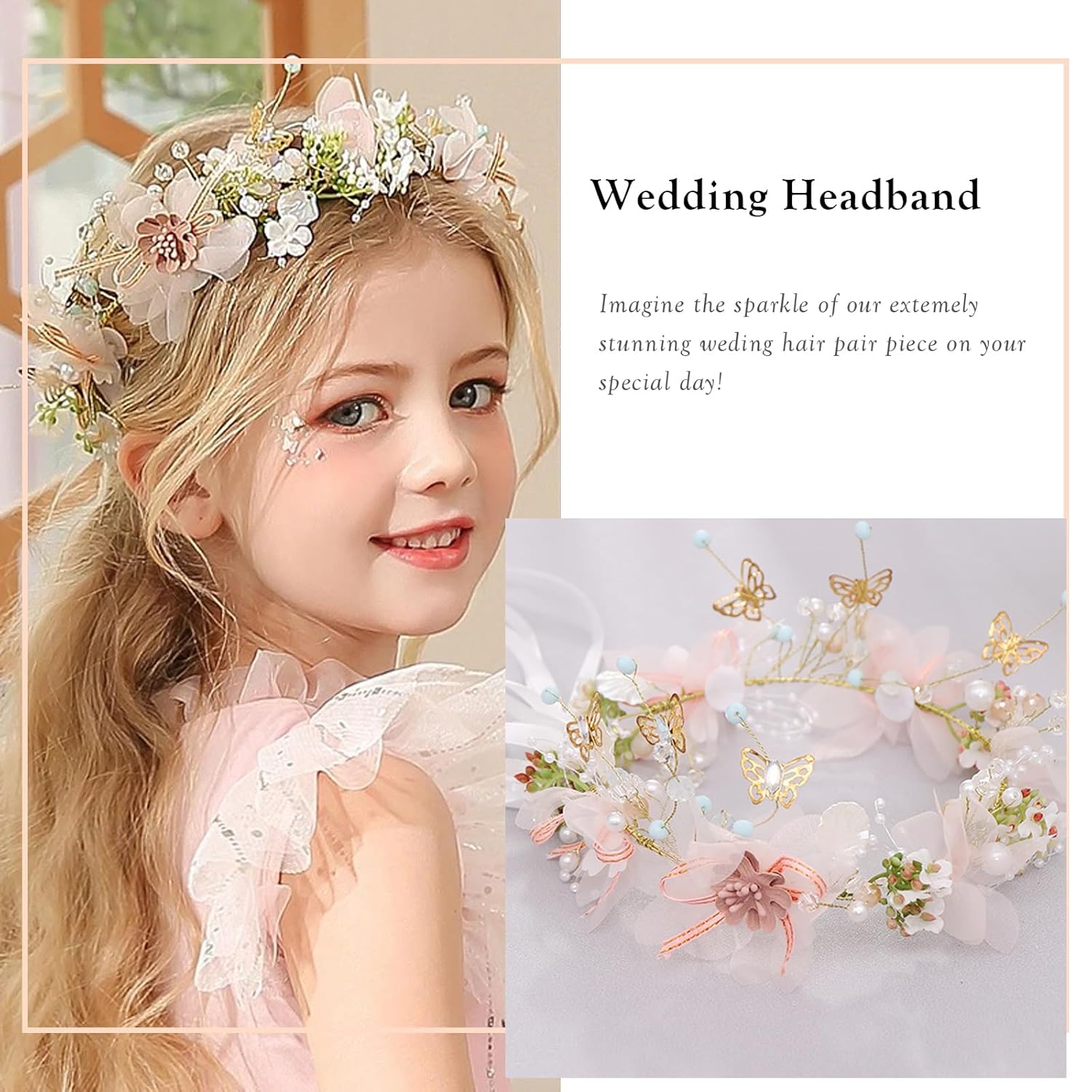 Ever Fairy Princess Flower Crystal Headpiece Girls Rhinestone Pearl Headband Women Wedding Floral Hairband Bridal Hair Accessories Photography for Girls and Women (Pink B) - Image 3
