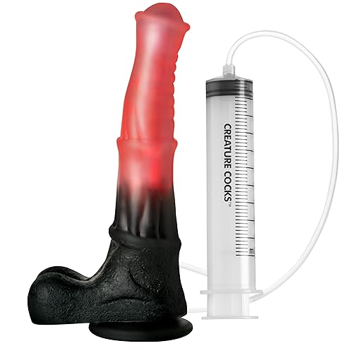 CREATURE COCKS Centaur Explosion Squirting Silicone Dildo for Men, Women & Couples. Fantasy Creature. Strong Suction Cup Base & Stimulating Textures, 2 Pieces, Peach & Black. - Centaur Explosion