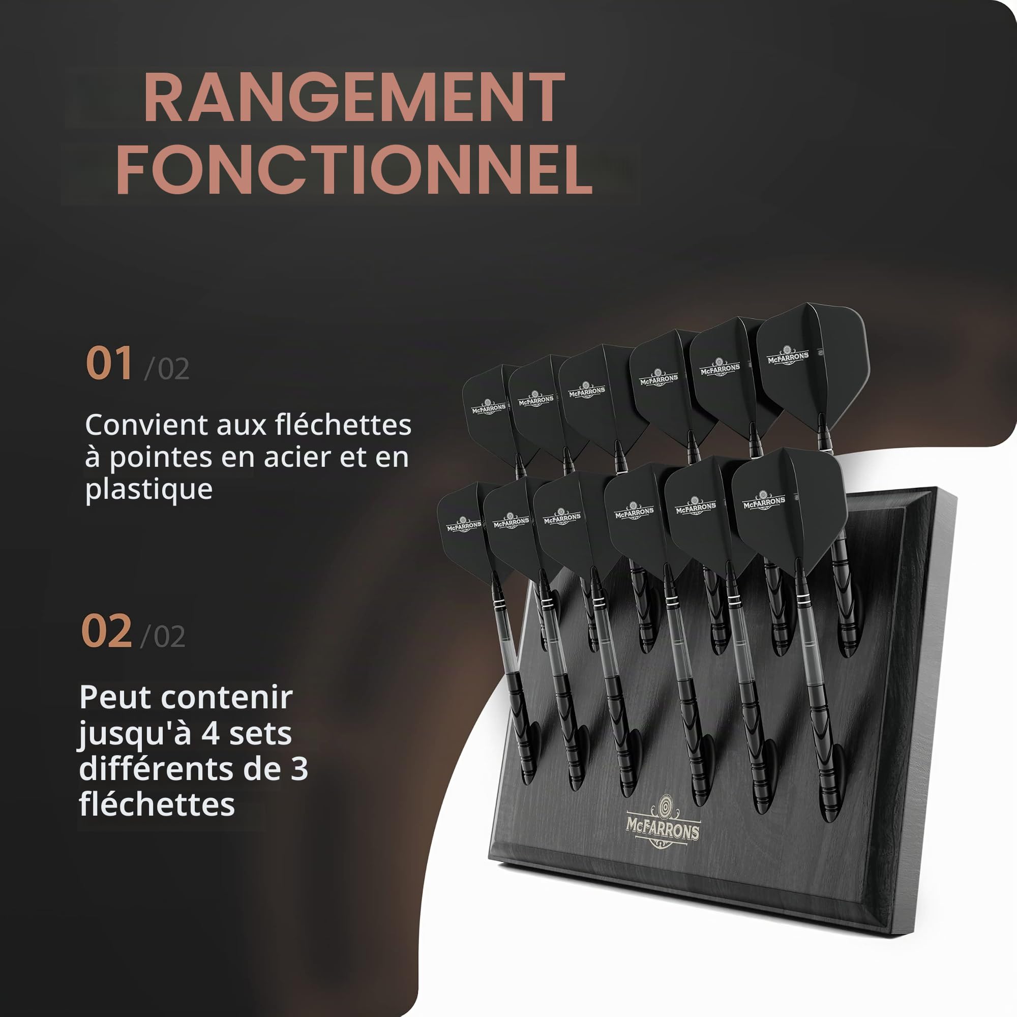 Support de fléchettes en bois pour 12 fléchettes - Rangement mural pratique comme accessoire pour tout type de cible - Convient pour les fléchettes en acier et les fléchettes souples.