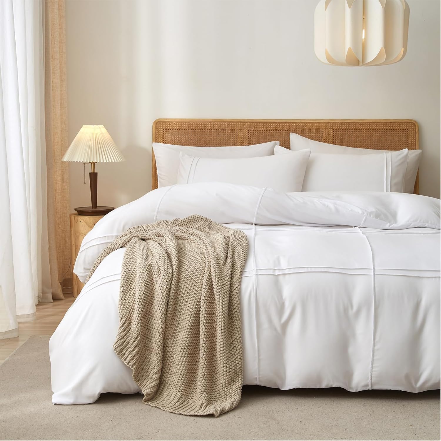 AiMay Duvet Cover Set King Size Pintuck Pleated Bedding Set 3 Pieces Textured Ultra Soft Comfy and Breathable All Season Easy Care Solid Color with Zipper Closure & Corner Ties (White, King) - Image 4