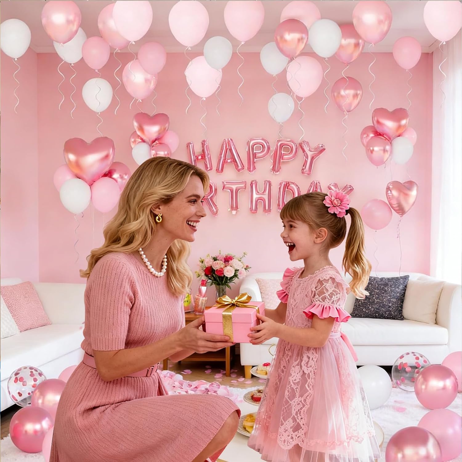 Pink Happy Birthday Decorations for Women, Happy Birthday Balloon Letters Banner Pink and White Balloons with Heart-Shaped Champagne Bottle Lipstick Balloons Rose Petals for Room Party Decor