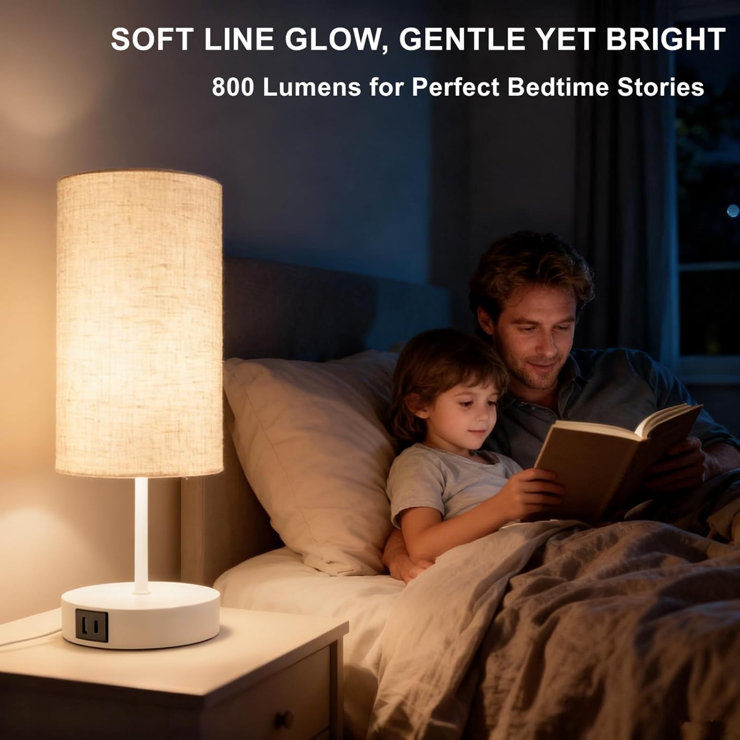 HiBay 2-Set 17.75" Touch Bedside Table Lamps with USB Charging Ports & AC Outlet, Modern White 3-Way Dimmable 800lm LED Nightstand Lights with Fabric Shade for Bedroom Living Room Dorm