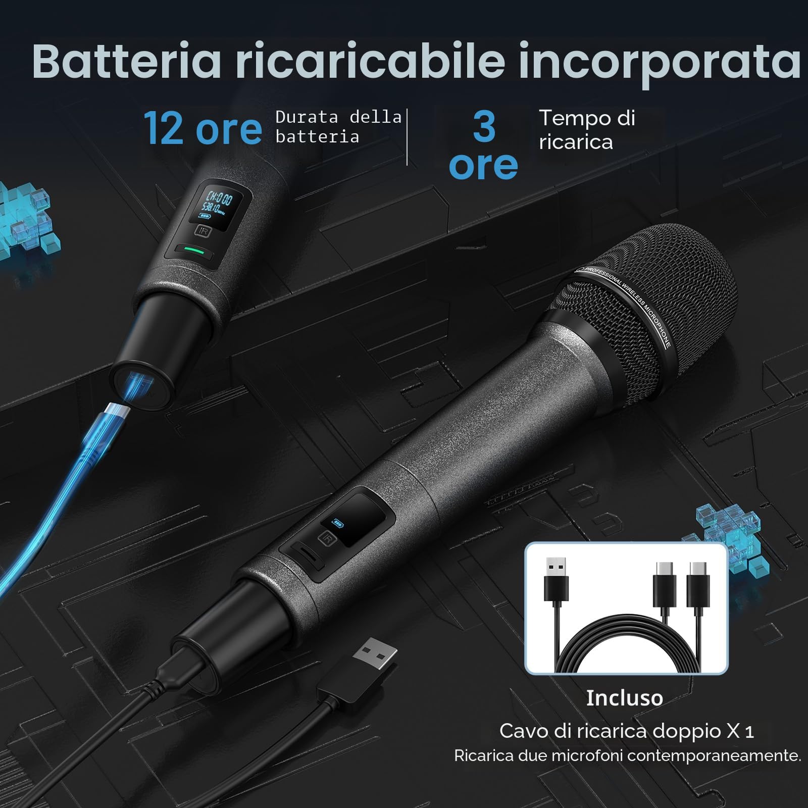 TONOR Sistema Microfono Wireless, Microfono Ricaricabile Professionale, Microfono Dinamico Cordless in Metallo 2x100 UHF per Karaoke, Chiesa, Canto, Matrimonio, Riunione, DJ, Auto Scan, 80 M,TW550