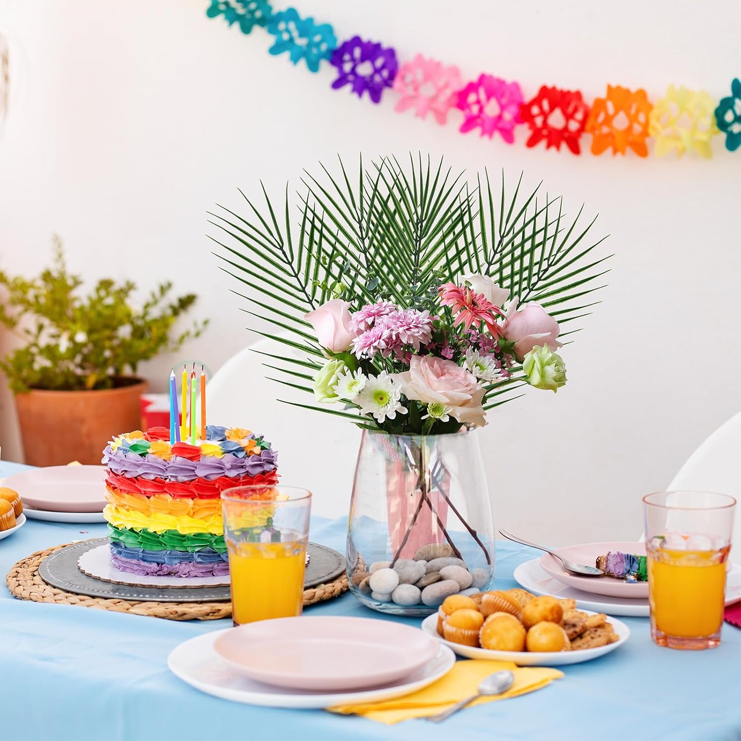 XONOR Artificial Palm Leaves, Fake Tropical Leaves, Faux Palm Leaf with Stem for Jungle Hawaiian Dinosaur Luau Party Table Decoration Wedding Birthday Theme Party Decoration (100Pcs, 16.5'')