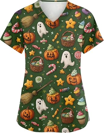 Womens Holiday Scrub Tops Plus Size Halloween Printed Medical Scrubs Short Sleeve V Neck Shirts Nursing Uniforms