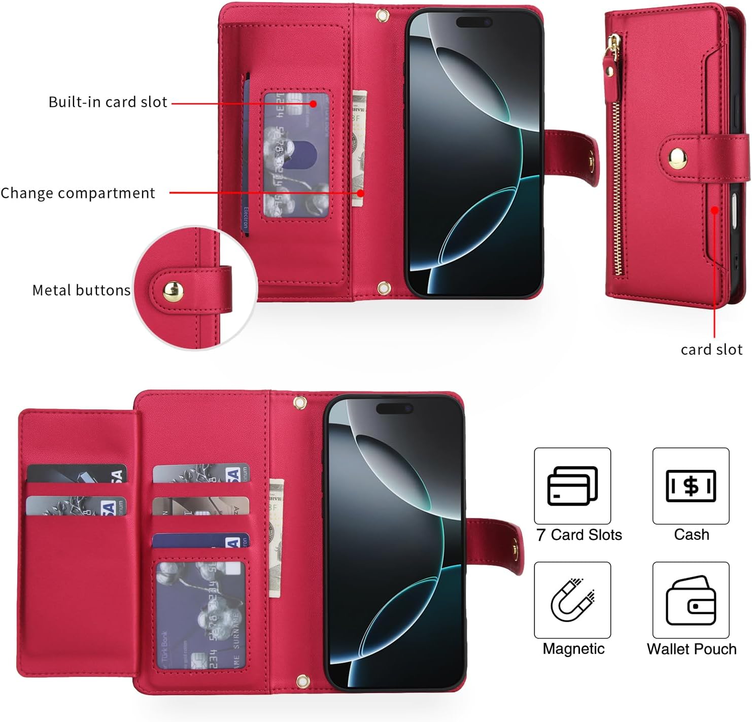 Asuwish Phone Case for iPhone 16 Pro Max 6.9 inch Zipper Wallet Cell Cover, with Tempered Glass Screen Protector and Crossbody Strap, Credit Card Holder i Phone16 16Pro i16 ProMax 16ProMax Women Red