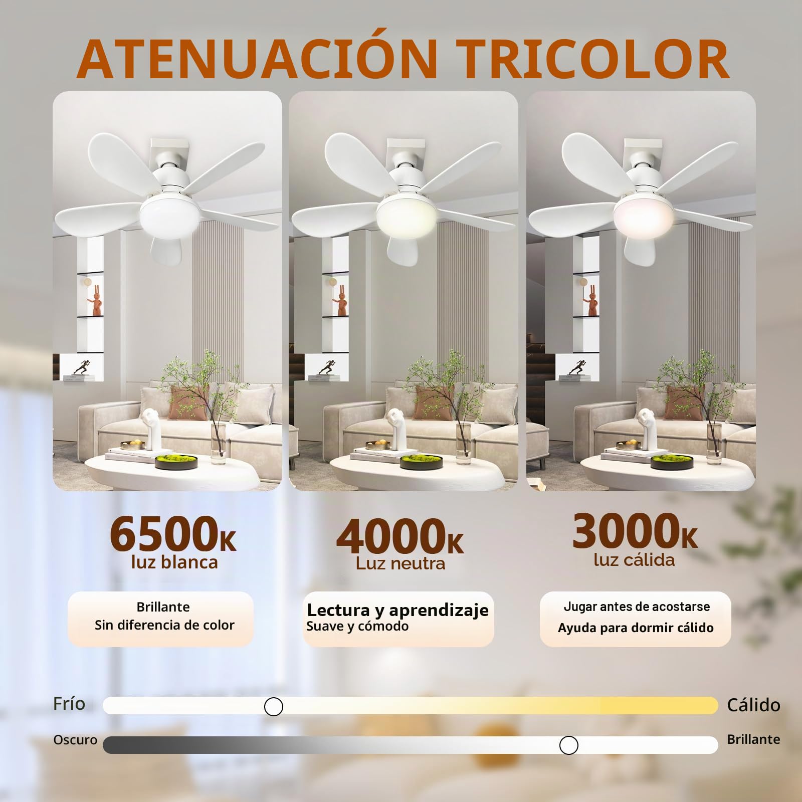 Ventilador de techo con luz y mando a distancia, E27/B22 LED, ventilador regulable de techo, 52 cm, bombilla ventilador de techo 40 W, 3 velocidades, silencioso, para salón, dormitorio, puesta de sol