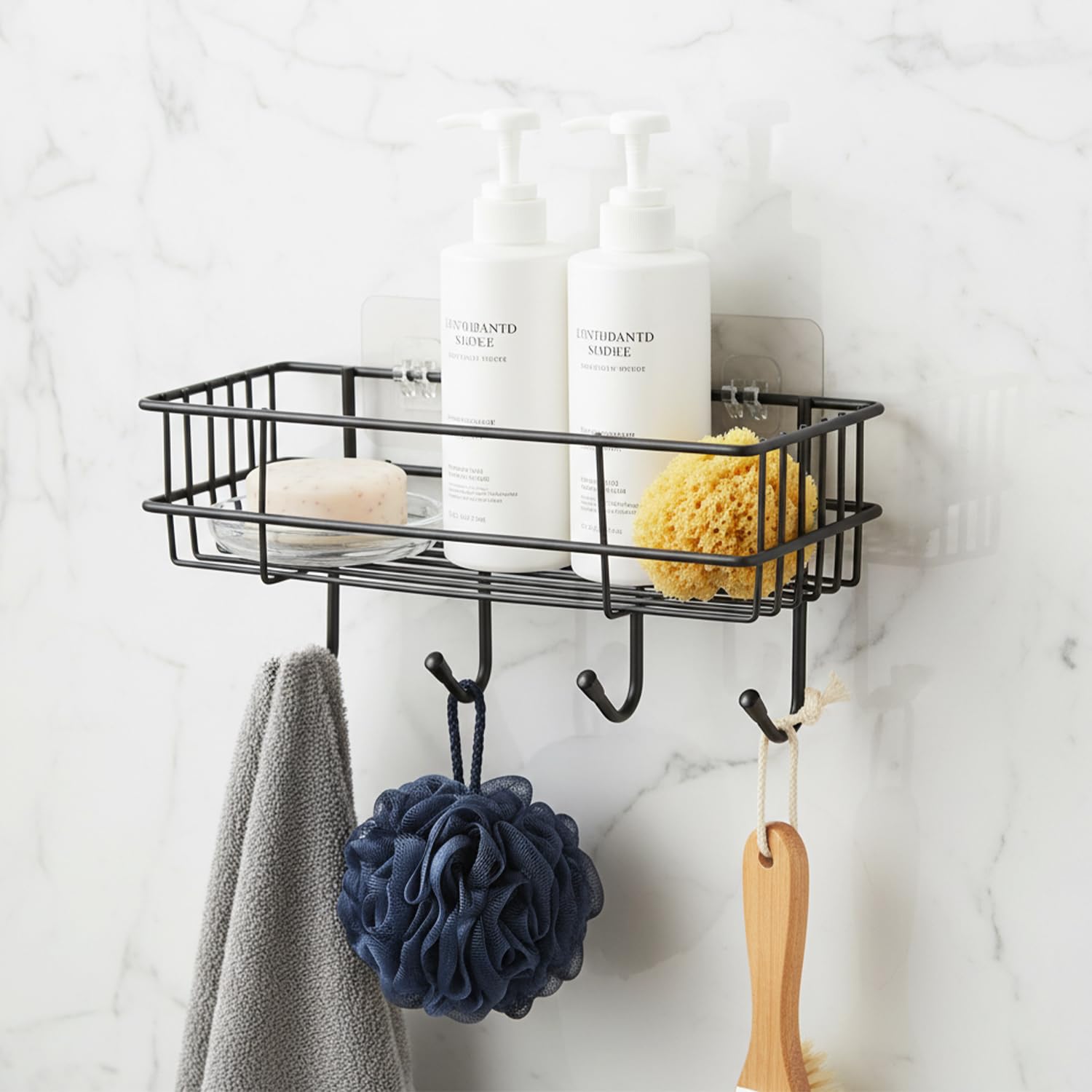 Amazon Basics Self-Adhesive Wall Shelf – No-Drill Multipurpose Bathroom/Kitchen Organizer with Hooks and Towel Holder, Rust Proof GI Steel Organizer | Black, 28.2 x 9.8 x 11.5 cm, Pack of 1