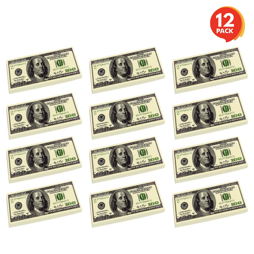 ArtCreativity 100 Dollar Bill Erasers - Set of 12 - 2.75 Inch Big Rubber Eraser with Money Replica Design - Fun Birthday Party Favors, Goodie Bag Fillers, Classroom, Student Gifts, School Supplies