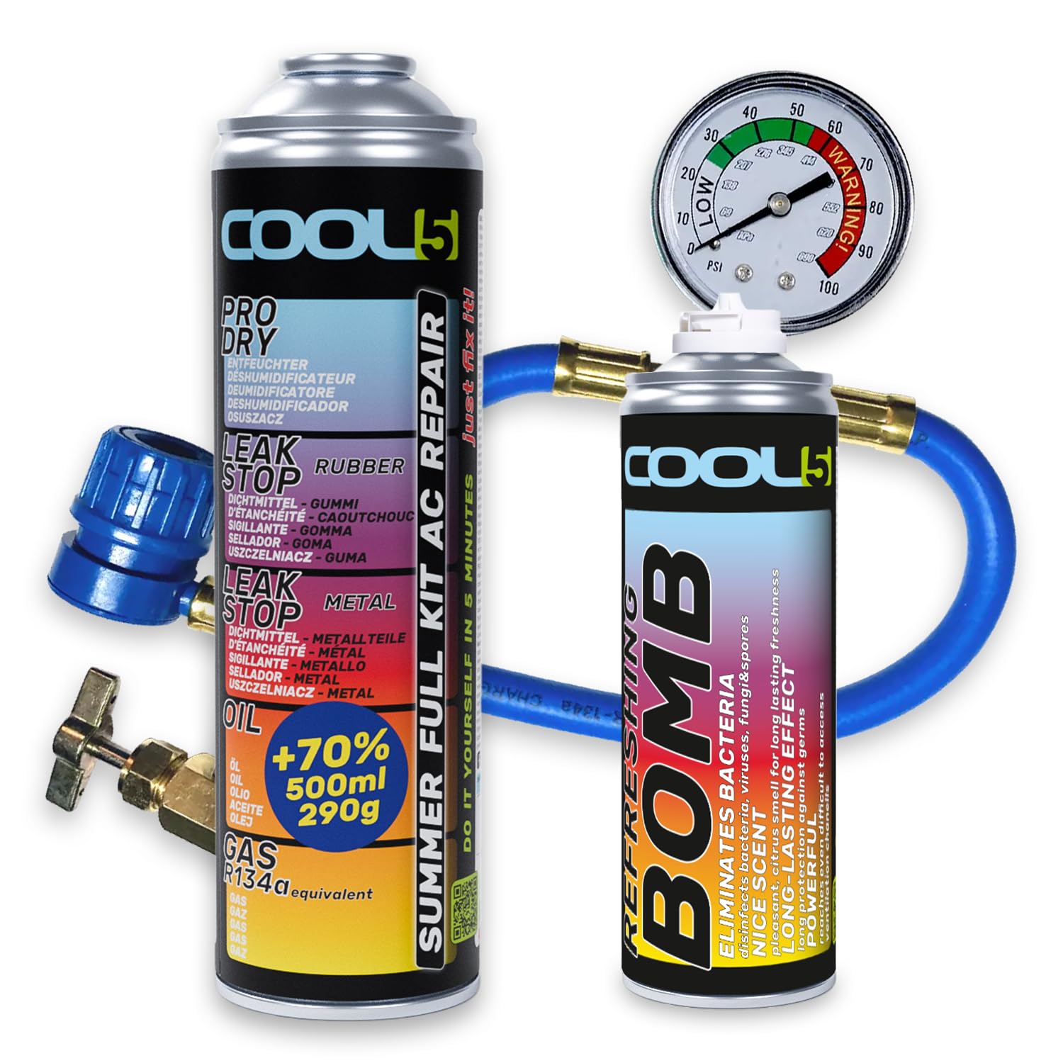 Kit di Riparazione per climatizzatori Estivi Completo AC 5 in 1 (R134a & R12) con Tubo di misurazione – per Auto 1995 – 2016, 290 g + 70%