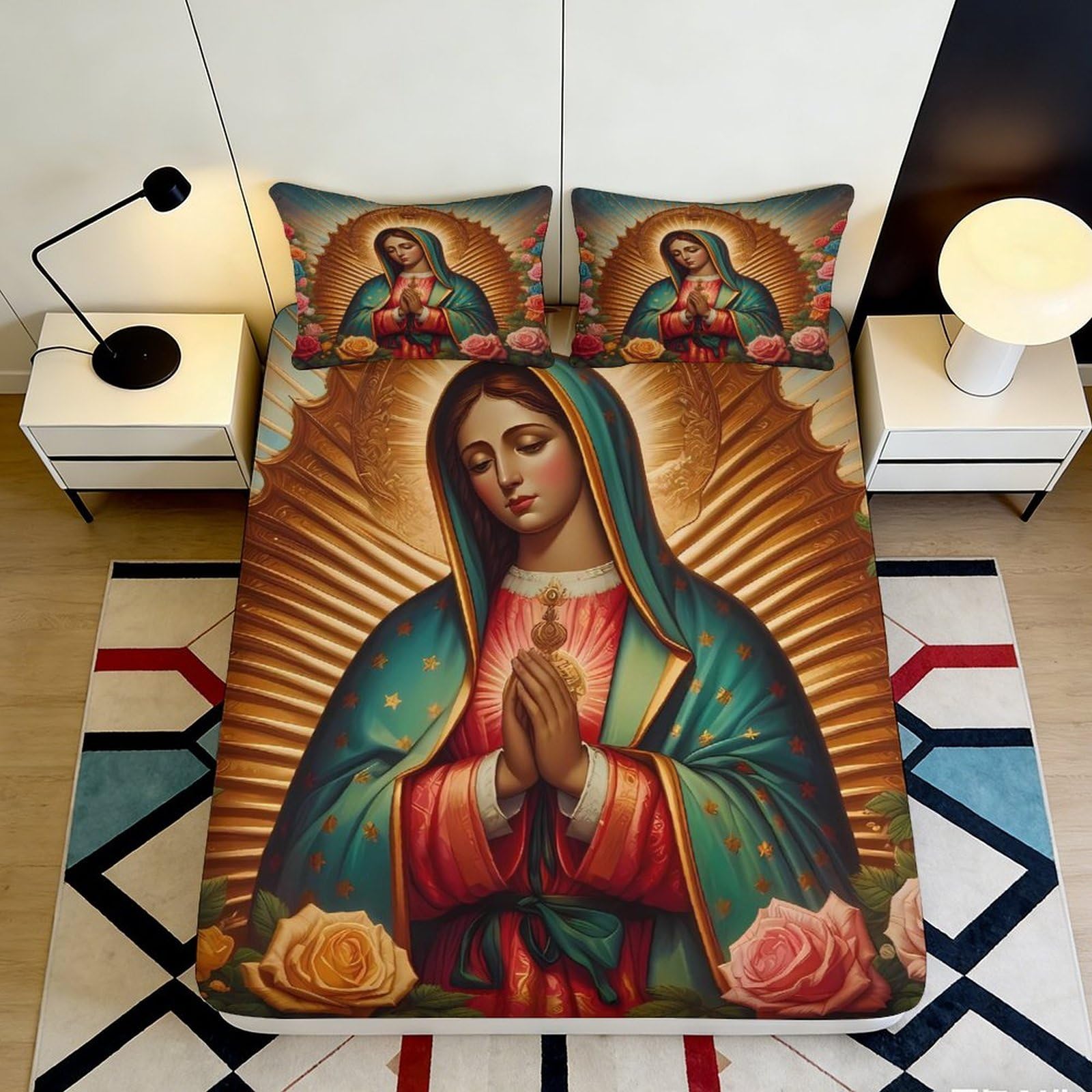 3D Printed Virgin of Guadalupe Fitted Sheet Microfiber Soft Breathable Religious Art Mattress Cover Bedroom Decor 90x200x25cm