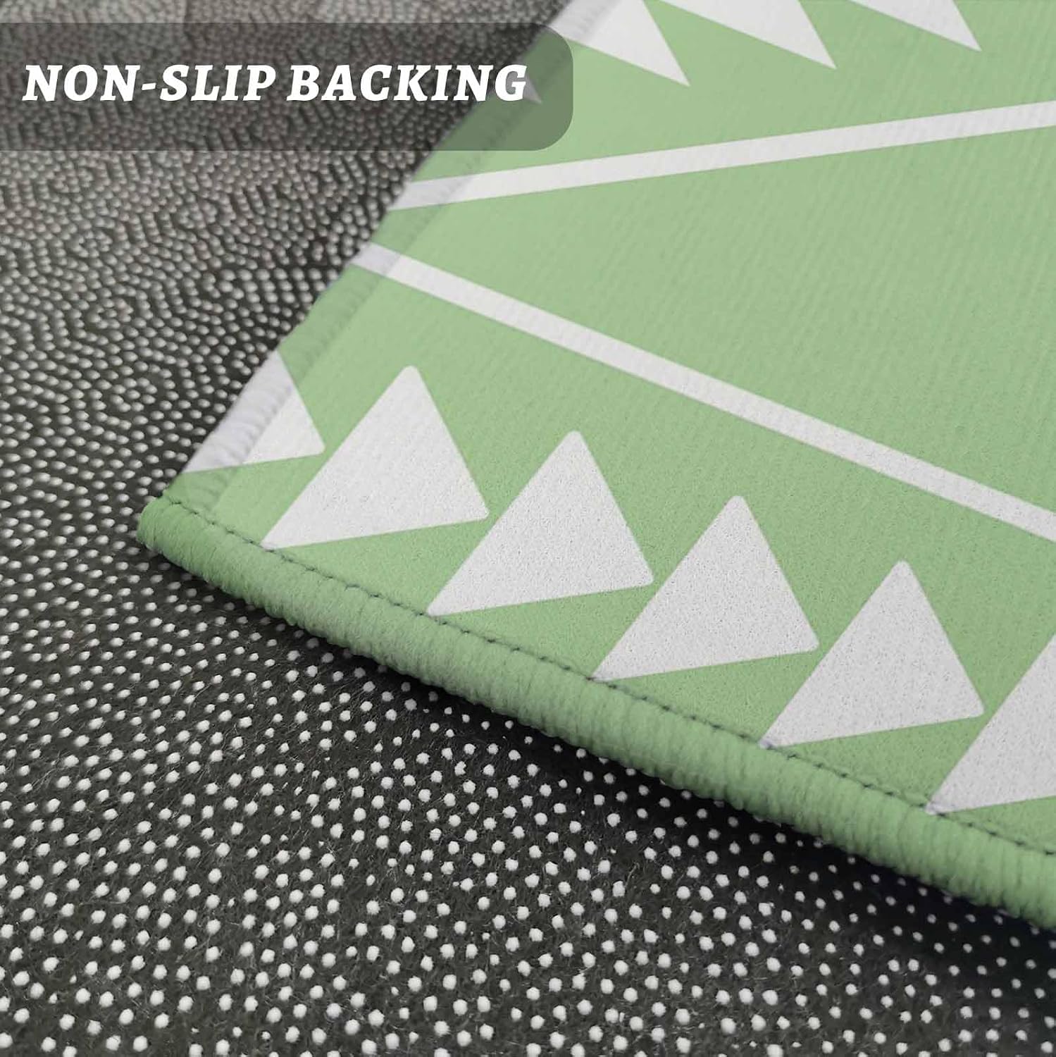 Teamery Kitchen Mats for Floor Modern Green White Geometric Art Washable Non Slip Kitchen Rugs 2PCS, Ethnic Tribal Triangle Absorbent Standing Mats for Sink Office Living Room 15.7x23.6in+15.7x47.2in