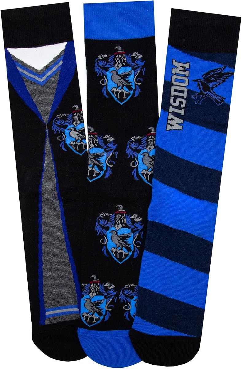 Harry Potter Ravenclaw Socks 3-Pack, Blue Mix, House Crest, Adult S/M | Casual Crew Socks, Wizarding World Merchandise, Gift for Harry Potter Fans