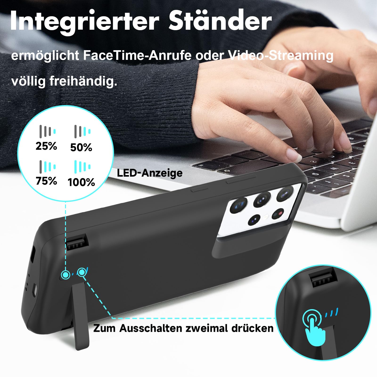 Akkuhülle für Samsung Galaxy S21 Ultra, 5000mAh, Schlanke Wiederaufladbare Ladehülle Erweiterte Ladehülle mit Standfuß,Tragbare Powerbank für Samsung Galaxy S21 Ultra 5G (6,8 Zoll), Schwarz