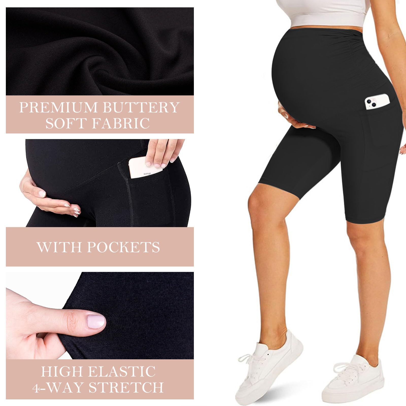 Risipu Pantaloncini per maternità da donna sopra la pancia, per gravidanza, biker, allenamento attivo, corsa, yoga, pantaloni corti con tasche