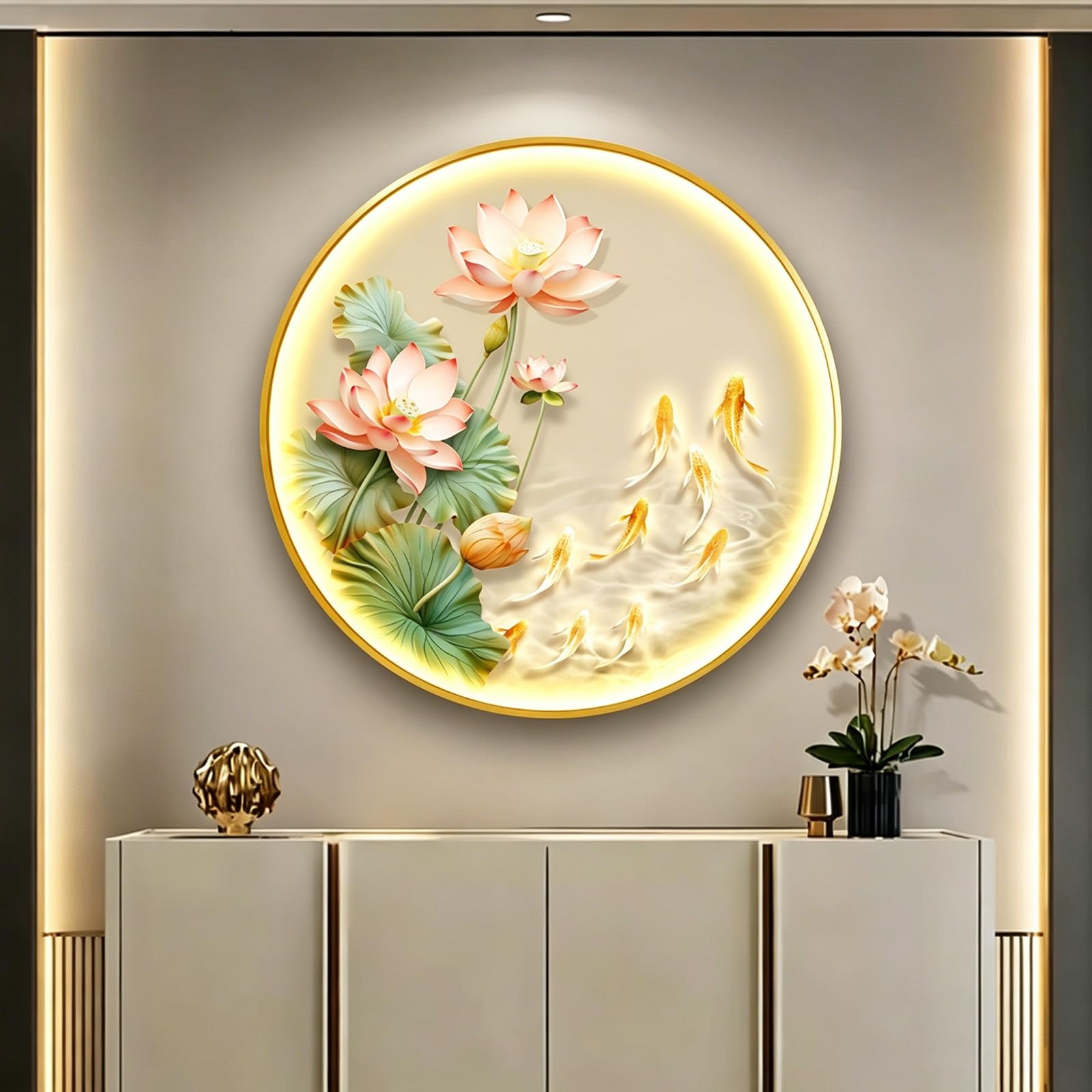 TgrGiEDenLO Sandstone 3D Wall Art with LED Lights, Round Lotus Nine Fish Wall Decor for Living Room, Modern Aesthetic Hanging Sculpture for Entryway/Hallway(A,Black,80cm/31.5in)
