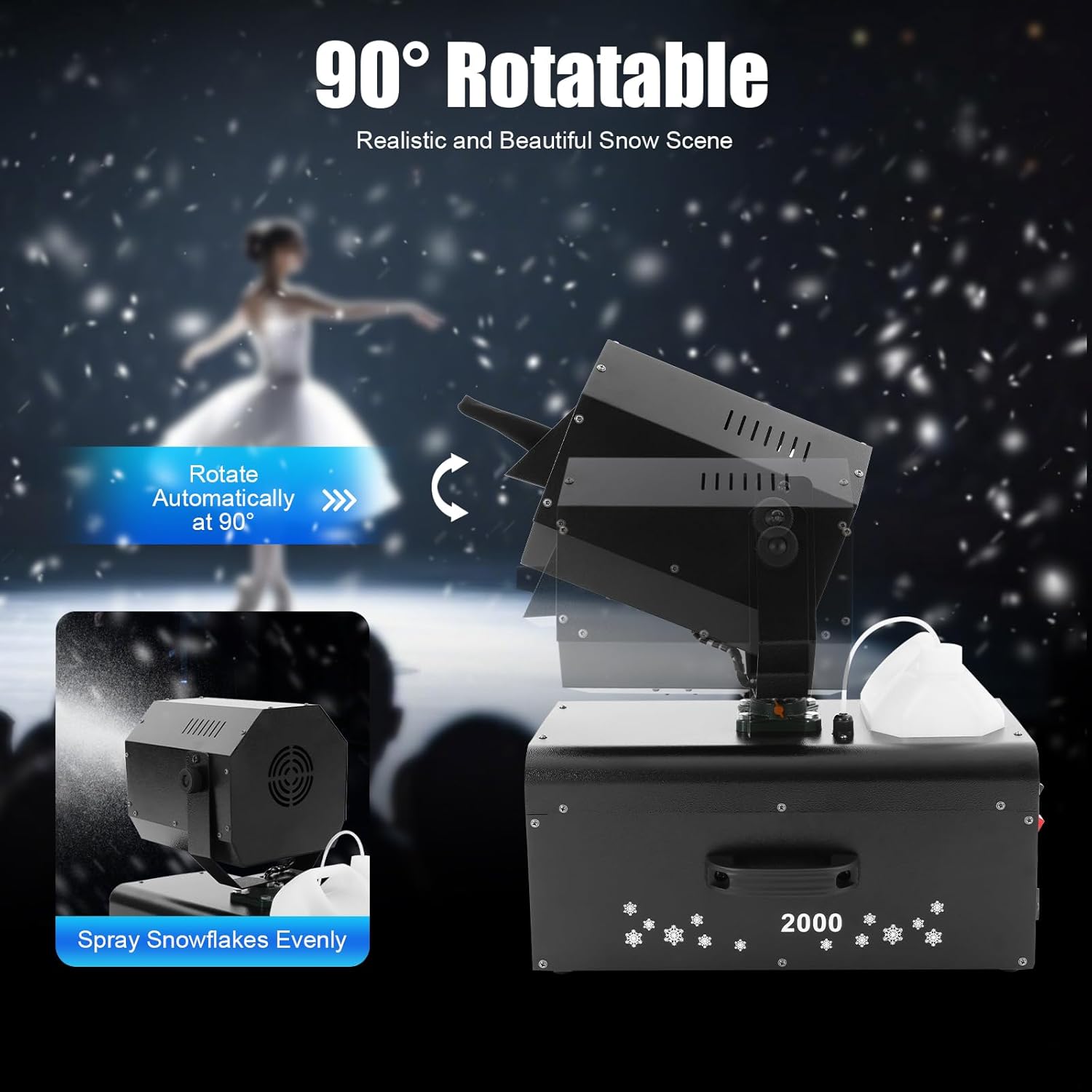 Artificial Snow Maker Machine, 2000W High-Output Snowflake Machine Fake Snows Maker w/90° Rotation, Remote Control, 1059ft³ Coverage Area for Christmas Decor Wedding Stage Party Snow Effects