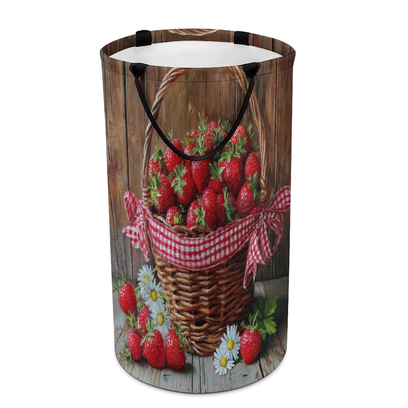 LUYYSKY Beautiful Abstract Fruit Strawberry Collapsible Dirty Clothes Basket, Vintage Watercolor Wooden Board Daisies Floral Strawberry Portable Clothes Storage Basket