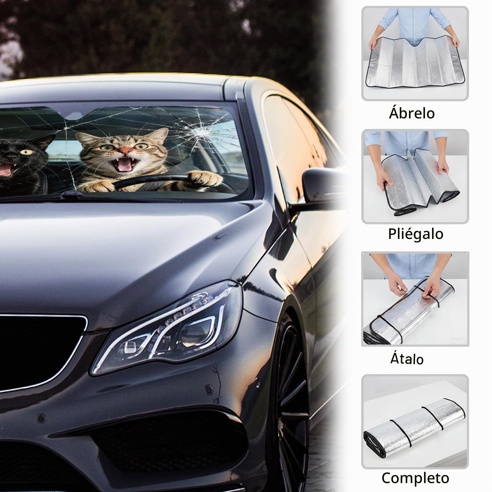 GLOBLELAND Parasol divertido de gato para parabrisas delantero del coche, protección solar para animales, bloquea el calor y la radiación UV, reflector para berlinas y modelos hatchback