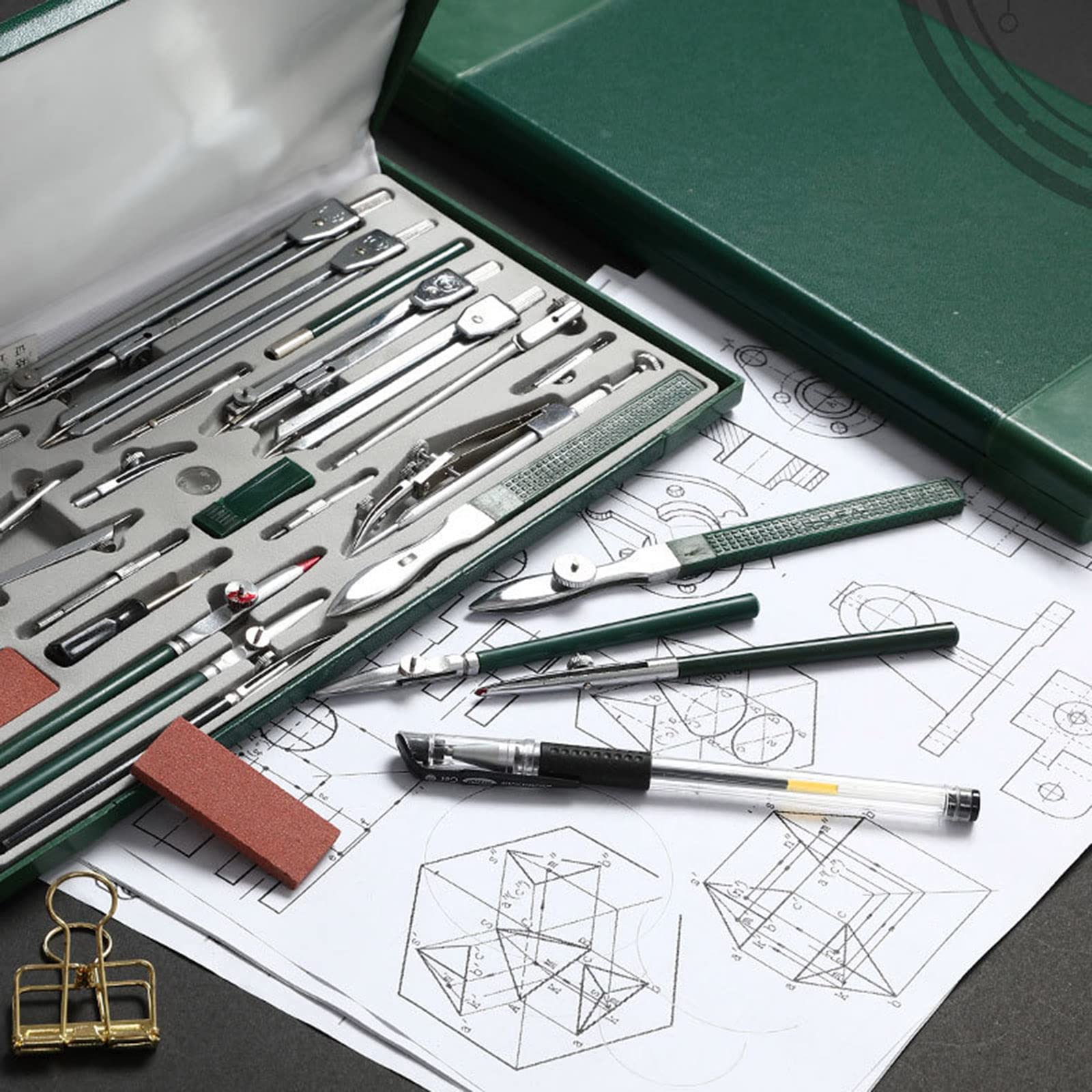 Juego de geometría con herramienta de brújula, kit profesional de precisión de metal de 23 piezas para escuela, hogar, oficina, juego de brújula de herramientas matemáticas