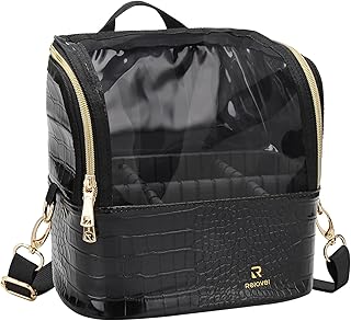 Makeup Brush Case Stand-up Makeup Cup Makeup Brush Holder Travel Professional Cosmetic Bag Artist Storage Bag with Shoulder Strap and Adjustable Divider(1-Black, Large -Croc-Printed PU)