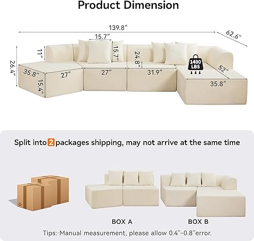 Miniatura 2 de Sofá seccional curvo de terciopelo nube extragrande de 140'', sofá sin estructura con chaise longue en forma de L, sofá seccional modular tapizado