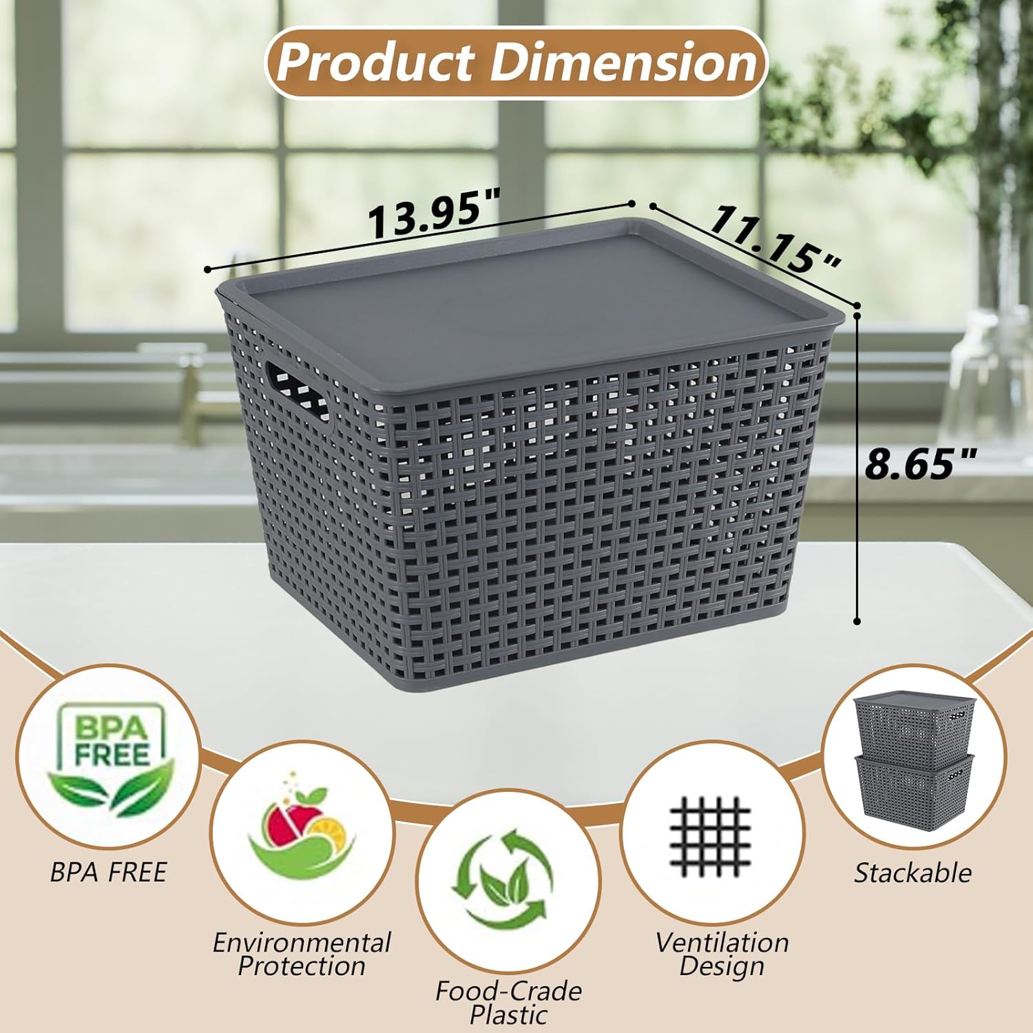 Xyskin 6 Packs Storage Bins with Lids, Plastic Storage Containers with Lids, Stackable Storage Box Baskets for Organizing Desktop Closet Playroom Classroom Office, Gray