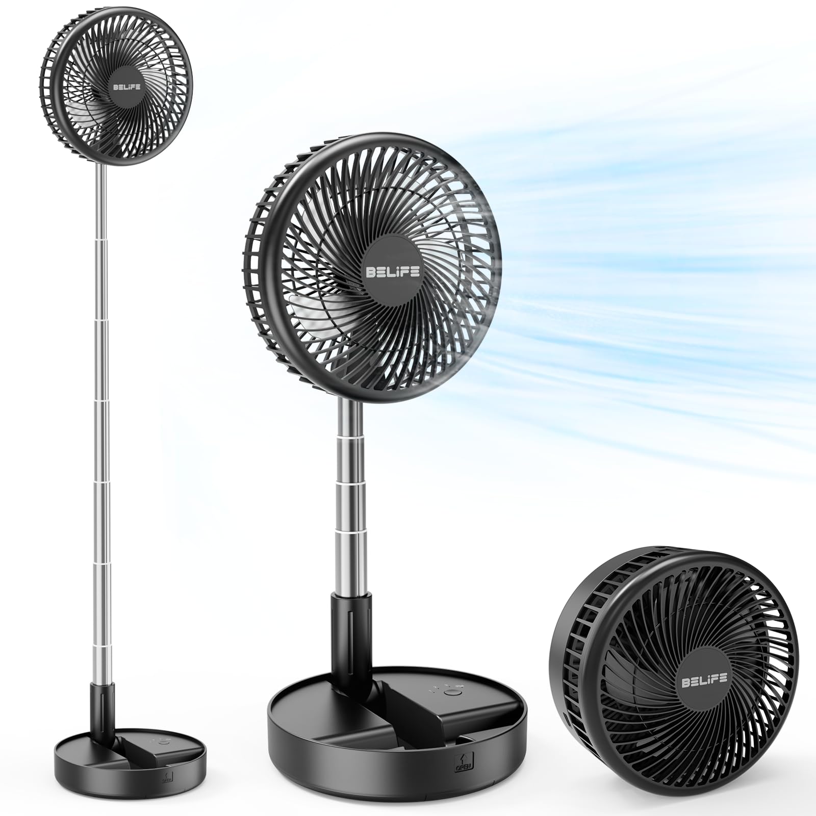Belife X8-Lite Ventilatore portatile, 7200 mAh, ricaricabile a batteria, ventilatore USB da pavimento con telecomando, ventilatore telescopico pieghevole per casa, camera da letto, ufficio, campeggio
