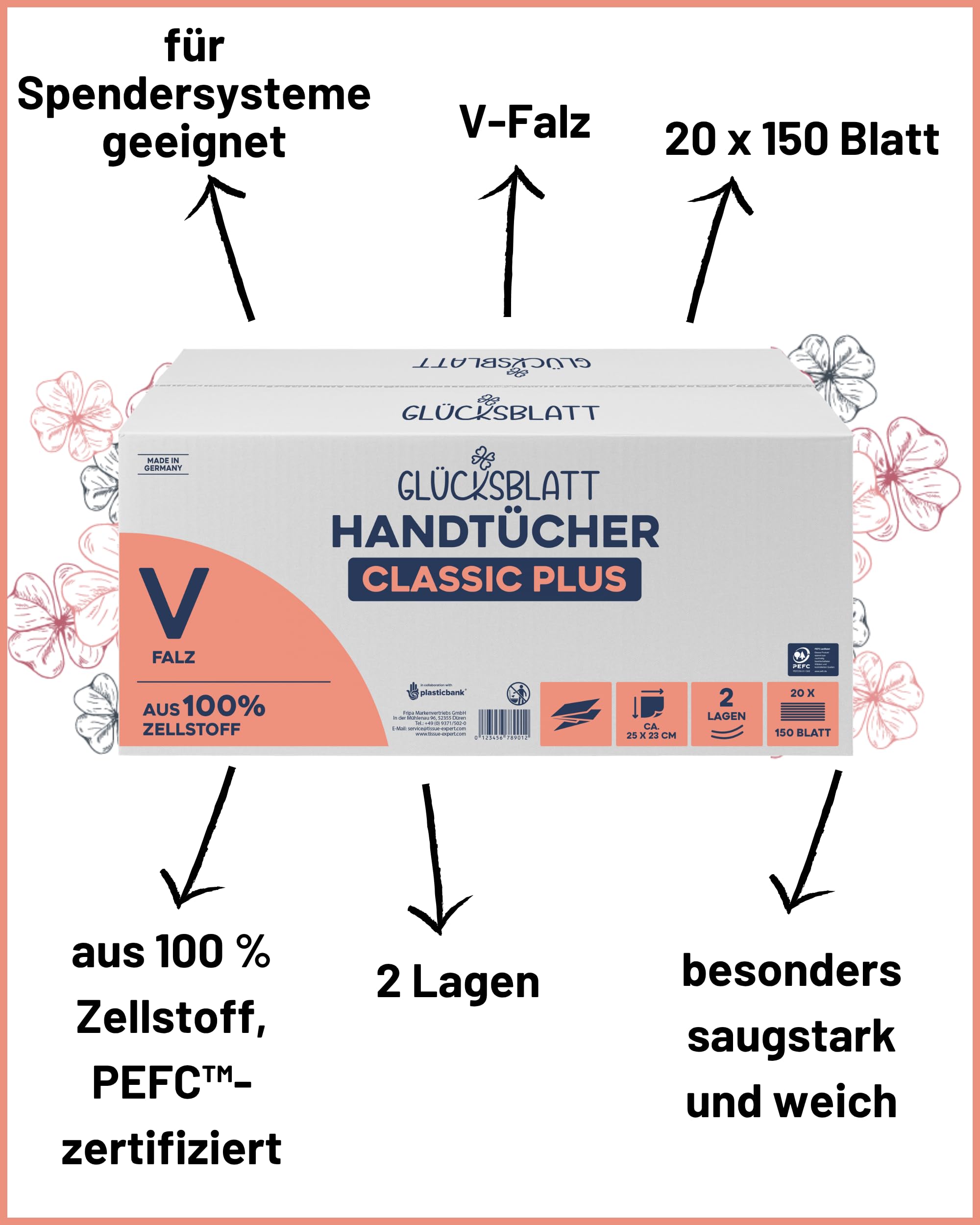 Glücksblatt Papierhandtücher, 3000 Blatt, 2-lagig, 25x23cm, V-Falz, Falthandtücher aus 100% Zellstoff, hochwertige Handtücher, für Spender geeignet, weißes Handtuchpapier, Einmalhandtücher